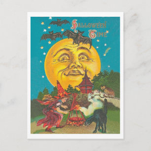 Halloween-Zeit, junge Hexe bei vollem gelben Mond Postkarte
