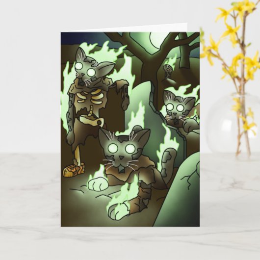 Halloween Zombie Cats Karte (Gelbe Blume)
