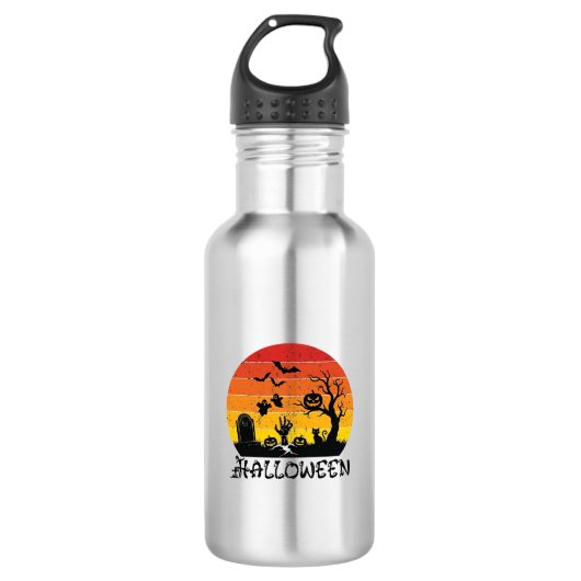 Halloween Zombie Hand Grabstein Baum Schwarze Katz Edelstahlflasche (Vorderseite)