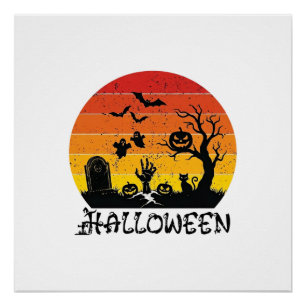 Halloween Zombie-Hand Grabstein Baum Schwarze Katz Poster