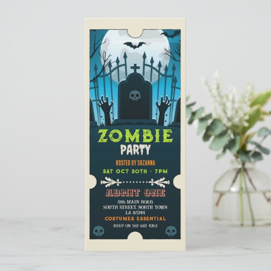 Halloween Zombie Ticket Fun Horror Einladung (Stehend Vorderseite)