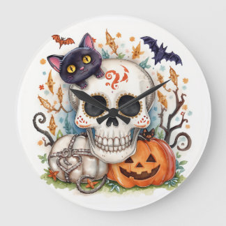 Halloween, Zucker-Schädel-Katze, Süß, Kürbisgesich Große Wanduhr