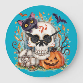 Halloween, Zucker-Schädel-Kitty, Süß, Kürbisgesich Große Wanduhr