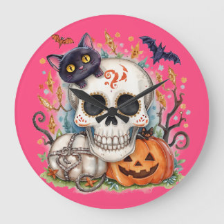 Halloween, Zucker-Schädel-Kitty, Süß, Kürbisgesich Große Wanduhr