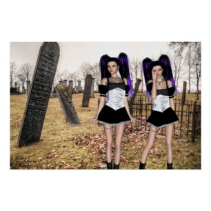 Halloween-Zwillinge-Goth-Mädchen auf dem Friedhof Poster