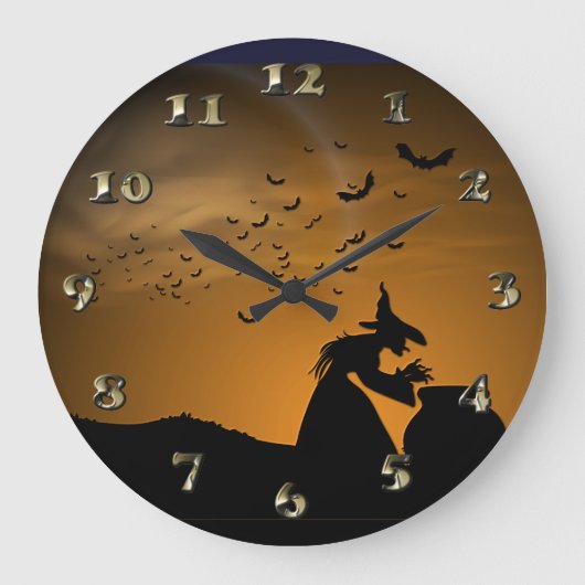 Halloweenhexe und -großer Kessel mit Schlägern Große Wanduhr (Vorderseite)