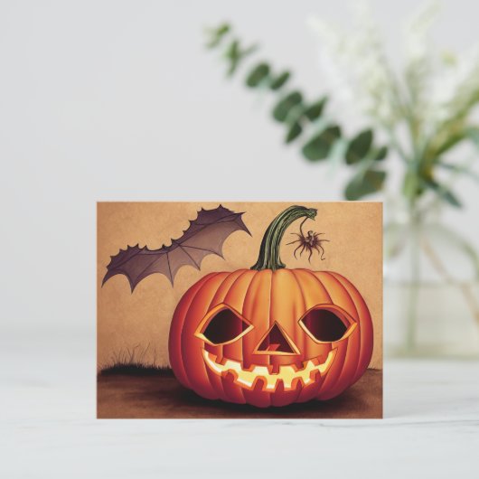 Halloweenkürbis mit Fledermaus und Spinne. Postkarte (Stehend Vorderseite)
