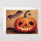 Halloweenkürbis mit Fledermaus und Spinne. Postkarte (Vorne/Hinten)