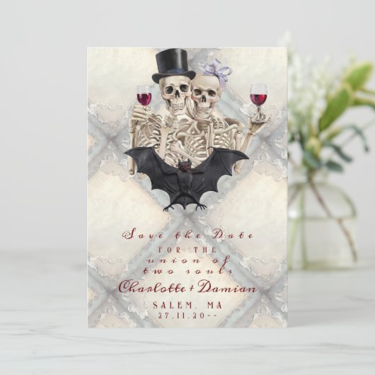 Hallowen Gothic Skeleton Liebe Bat Wedding Save The Date (Stehend Vorderseite)