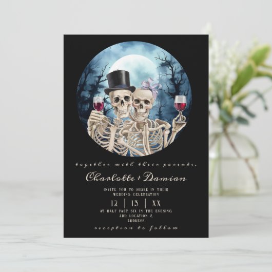 Hallowen Gothic Skulls Tarot The Lovers Wedding Einladung (Stehend Vorderseite)