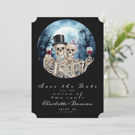 Hallowen Gothic Skulls Tarot The Lovers Wedding Save The Date (Stehend Vorderseite)