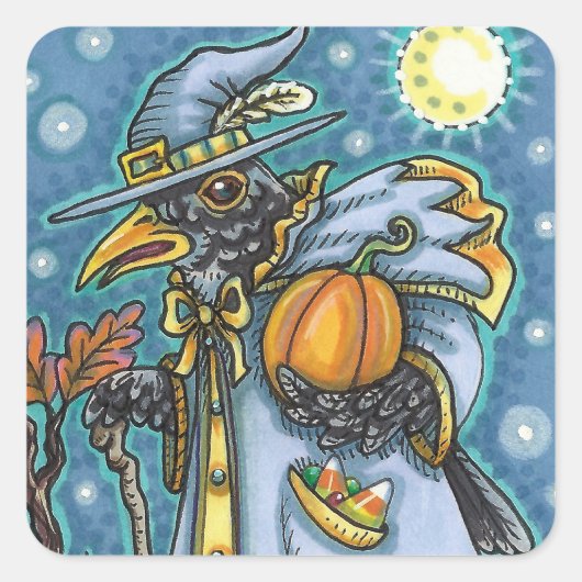HALLOWS EVE BLACKBIRD WIZARD, HALLOWEEN RAVEN QUADRATISCHER AUFKLEBER (Vorderseite)