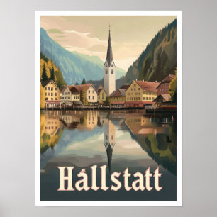 Hallstatt Austria Art Vintage Travel Illustration Poster