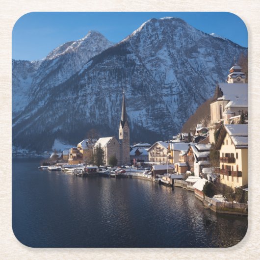 Hallstatt Stadt im Winter im Schnee Rechteckiger Pappuntersetzer (Vorderseite)