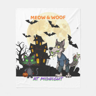 Hallween "Meow & Woof at Midnight" Cat & Werewolf Fleecedecke