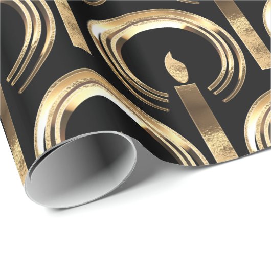 Halo um Candle Flame Pattern Schwarz und Gold Geschenkpapier (Rolleneckpunkt)