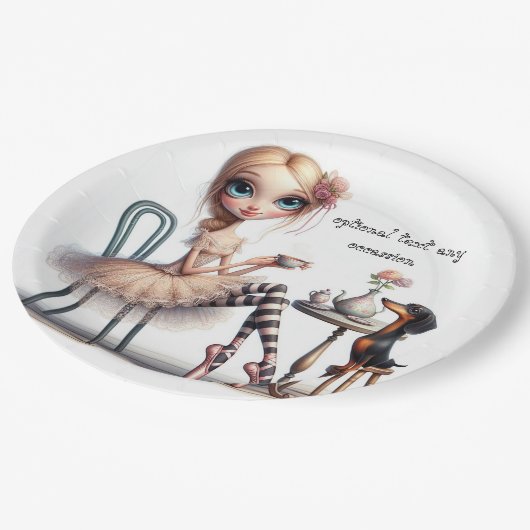 Hals-Wide Mit Augen Primitive Girl mit Hund Pappteller (Schrägansicht)