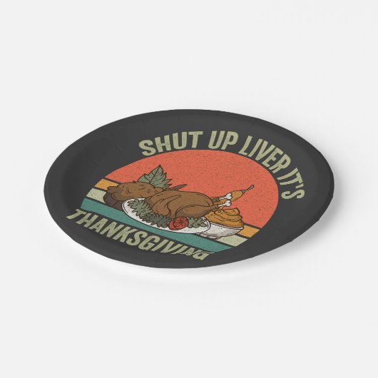 Halt die Leber! Es ist Erntedank Funny Turkey Retr Pappteller (Schrägansicht)