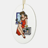 Ham Radio Button-up Girl Brünette Weihnachtsfeier Keramikornament (Links)