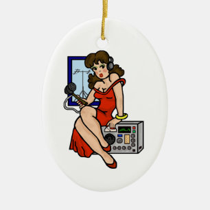 Ham Radio Button-up Girl Brünette Weihnachtsfeier Keramikornament