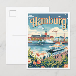 Hamburg Deutschland Kunst Vintage Reise Illustrati Postkarte