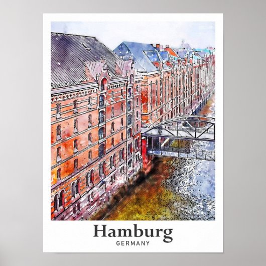 Hamburg Deutschland Reisen Wasserfarbenhandzeichnu Poster (Vorne)