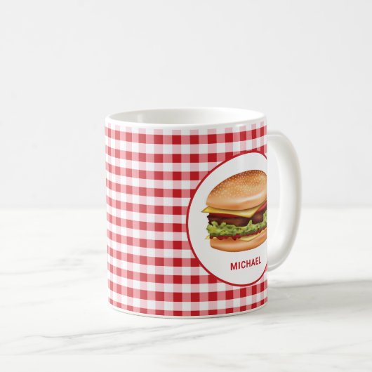 Hamburger auf Red Gingham mit benutzerdefiniertem Kaffeetasse (VorderseiteRechts)
