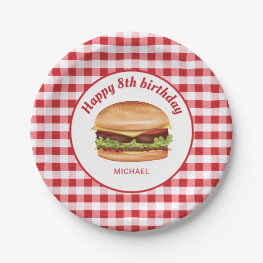 Hamburger auf rotem Gingham-Muster Alles Gute zum Pappteller (Vorderseite)