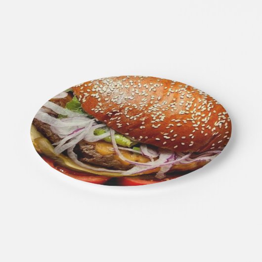 Hamburger Cheeseburger Pappteller (Schrägansicht)