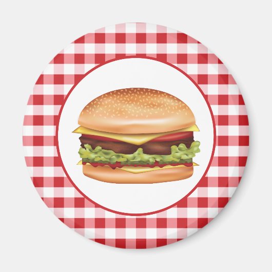 Hamburger Fast Food Illustration über Red Gingham Magnet (Vorne)