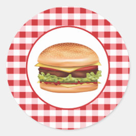 Hamburger Fast Food Illustration über Red Gingham Runder Aufkleber