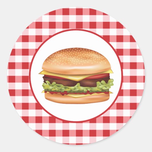Hamburger Fast Food Illustration über Red Gingham Runder Aufkleber (Vorderseite)