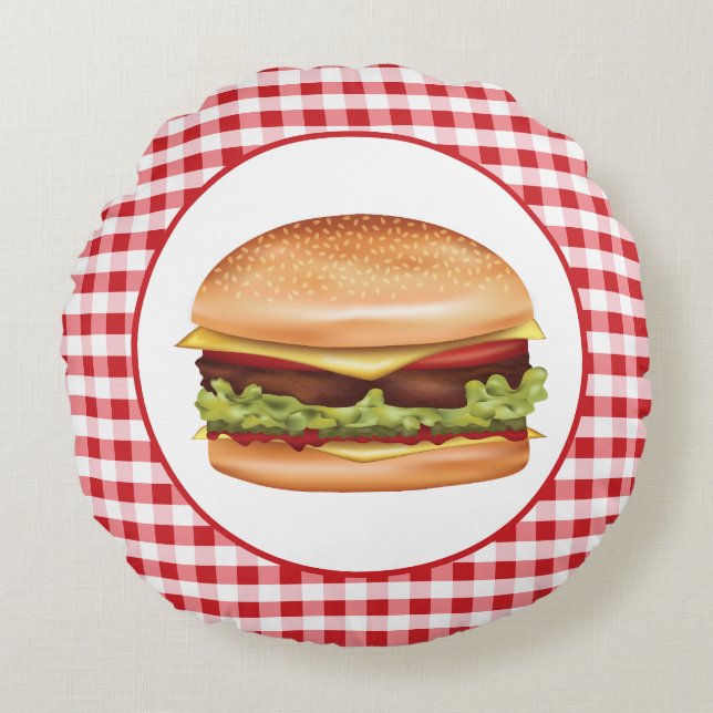 Hamburger Fast Food Illustration über Red Gingham Rundes Kissen (Vorderseite)