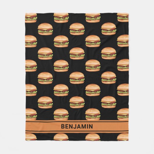 Hamburger Fast Food Muster auf schwarz mit Namen Fleecedecke (Vorderseite)