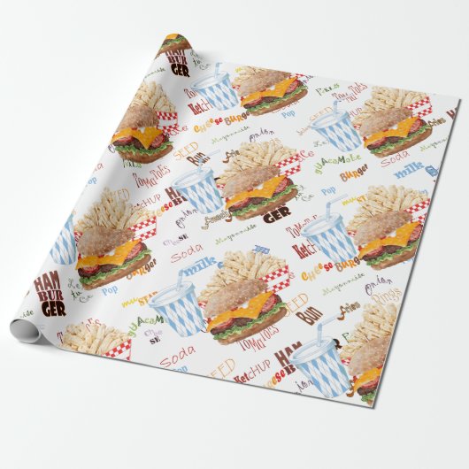 Hamburger Fries Fast Food GRILLEN Diner Geschenkpapier (Ungerollt)