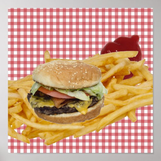 Hamburger, Fries, roter weißer Schachbrettboden Poster (Vorne)
