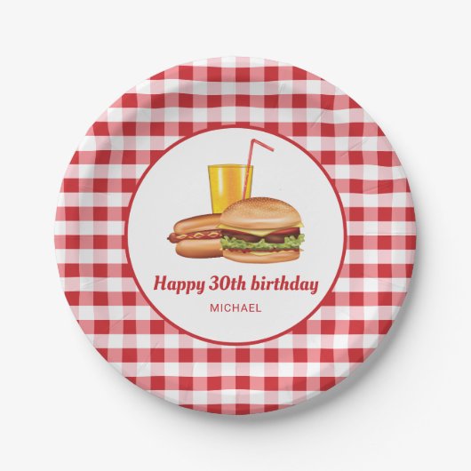 Hamburger Hot Dog und Drink Red Gingham Birthday Pappteller (Vorderseite)
