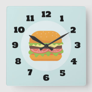 Hamburger-Illustration mit Tomate und Kopfsalat Quadratische Wanduhr