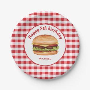 Hamburger on Red Gingham Pattern Happy Birthday Pappteller