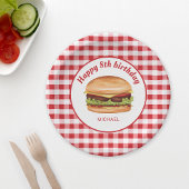 Hamburger on Red Gingham Pattern Happy Birthday Pappteller