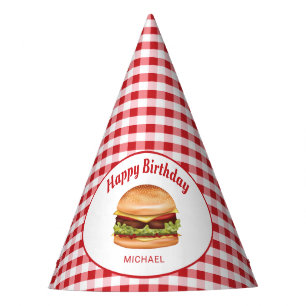 Hamburger on Red Gingham Pattern Happy Birthday Partyhütchen