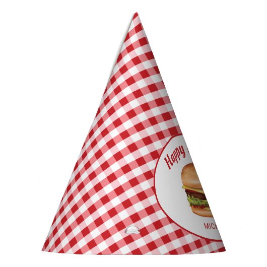 Hamburger on Red Gingham Pattern Happy Birthday Partyhütchen (Links)