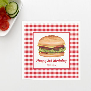 Hamburger on Red Gingham Pattern Happy Birthday Serviette