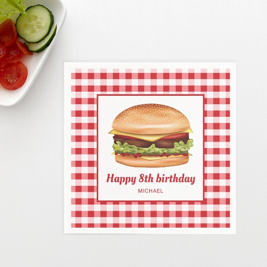 Hamburger On Red Gingham Pattern Happy Birthday Serviette