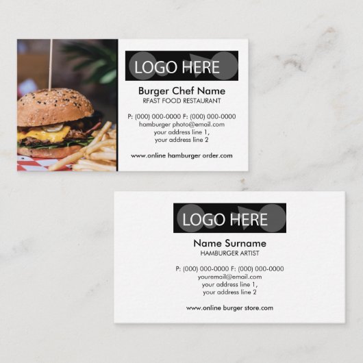 Hamburger Pommes Frites Fast Food Foto Visitenkarte (Vorne/Hinten)