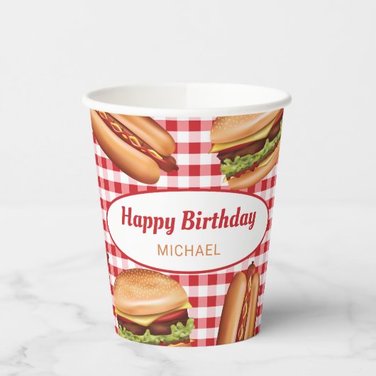 Hamburger und Hot Dog auf Red Gingham zum Geburtst Pappbecher (Links)