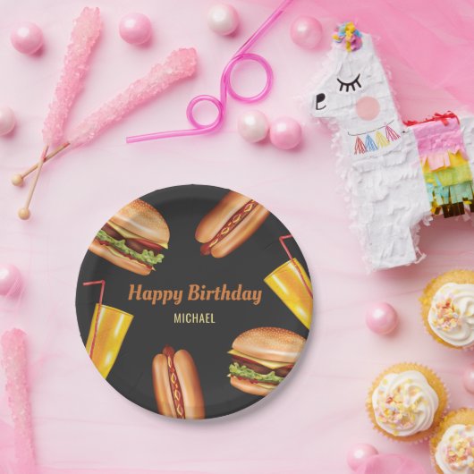 Hamburger und Hot Dog Fast Food Happy Birthday Pappteller (Party)