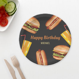 Hamburger und Hot Dog Fast Food Happy Birthday Pappteller