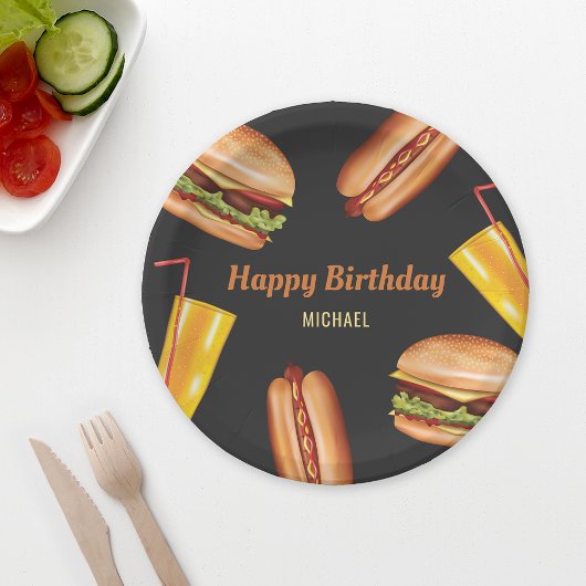 Hamburger und Hot Dog Fast Food Happy Birthday Pappteller