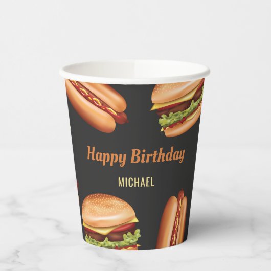 Hamburger und Hot Dog Fast Foods Happy Birthday Pappbecher (Links)